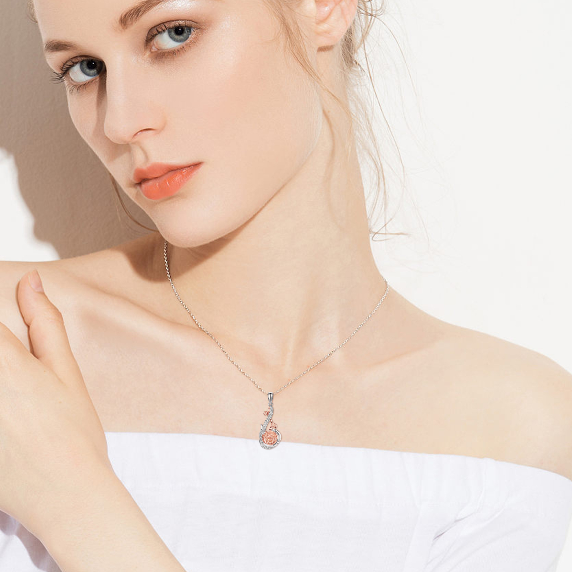 925 Sterling Silver Rose Necklace with Synthetic Rose Pendant